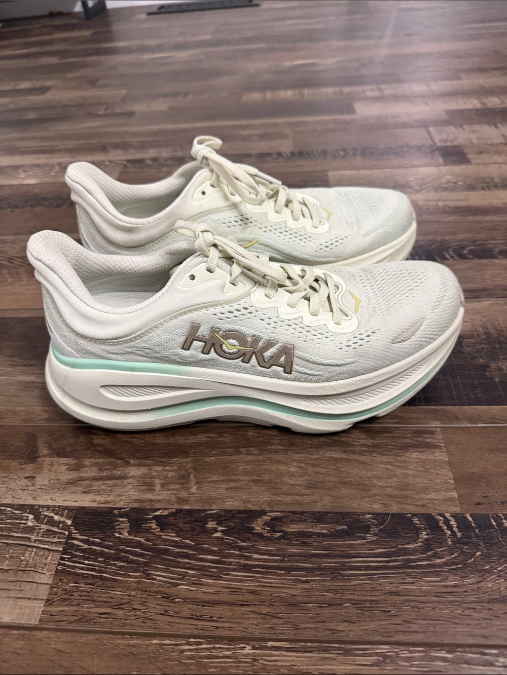 Hoka Women's Cream Athletic Running Shoes with Mint Trim